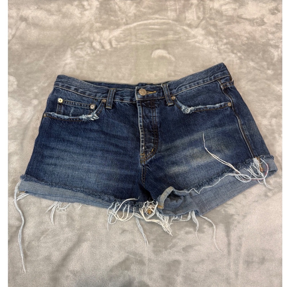 BDG Tomgirl Mid Rise Denim Shorts 29W Distressed Cut Off Button Fly (meas‎ 33x2)
